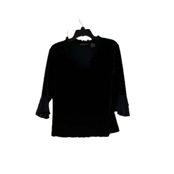 Impressions Navy Velvet Blouse Ruffle Neck Sheer Angel Sleeves - Large Petite - Picture 4 of 5